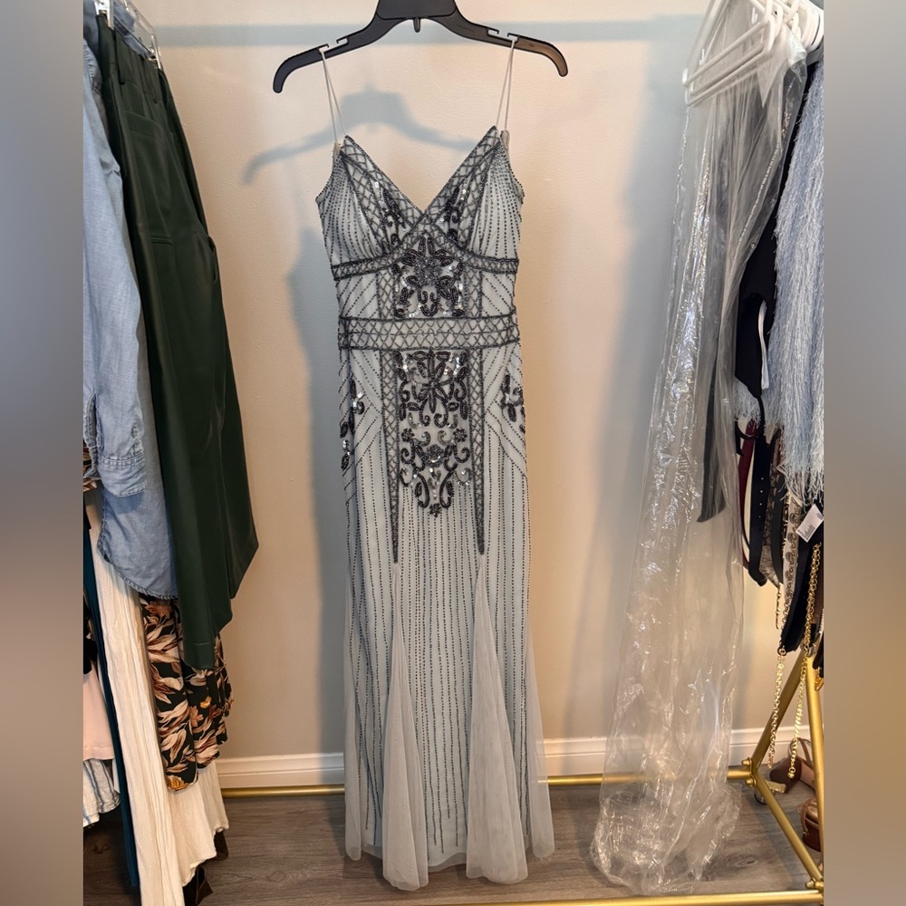 Elegant Blue Beaded Evening Gown